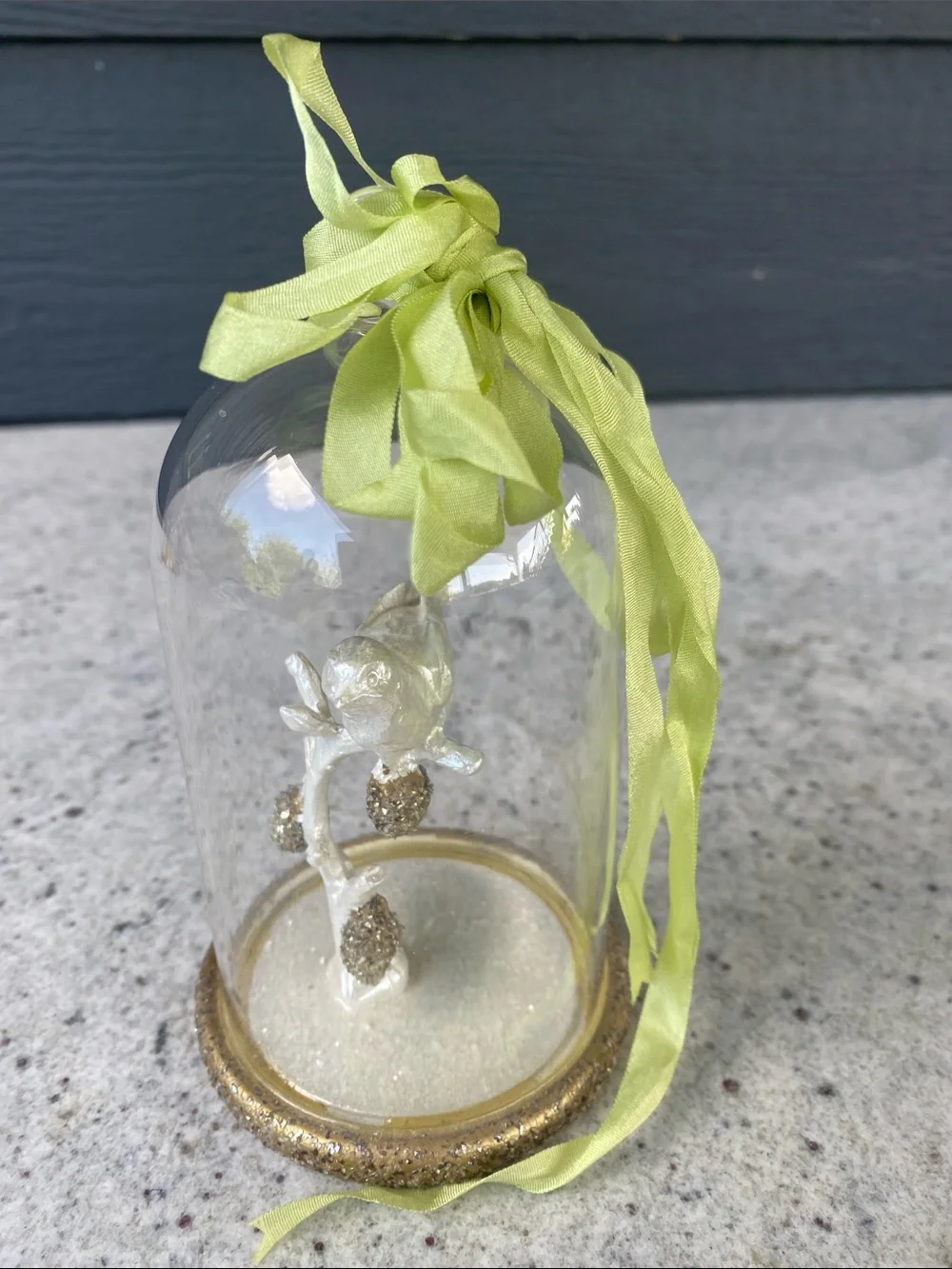 Glass Cloche Ornament with White Bird and Gold Accents